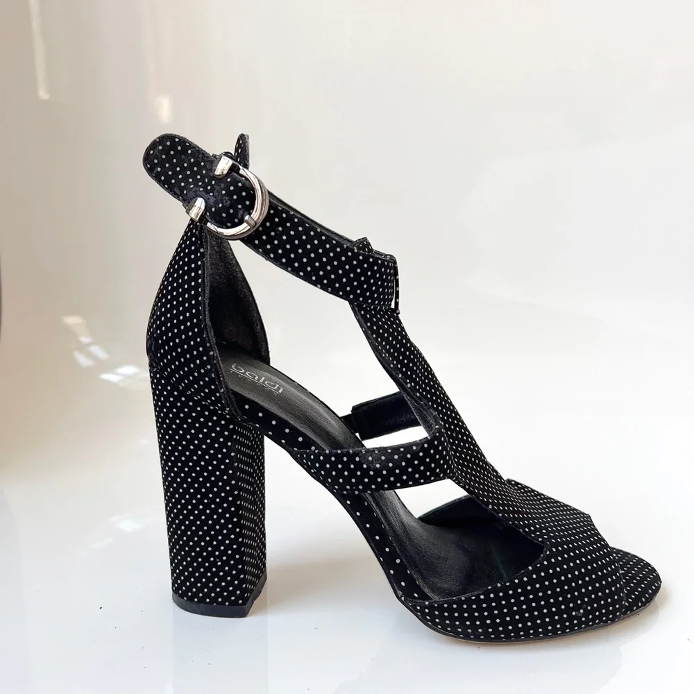 Baldi London Polka Dot Cage Sandal High Block Heel Open Toe Black White 8.5